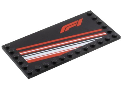 LEGO part Tile, Modified 6 x 12 with Studs on Edges with Formula 1 Logo Stylized 'F1', Red and White Diagonal Stripes Pattern (6178pb048)