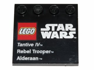 LEGO part Tile, Modified 4 x 4 with Studs on Edge with LEGO Star Wars Logo, 'Tantive IV', 'Rebel Trooper', and 'Alderaan' Pattern (6179pb064)