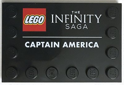 LEGO part Tile, Modified 4 x 6 with Studs on Edges with 'THE INFINITY SAGA' and 'CAPTAIN AMERICA' Pattern (6180pb166)