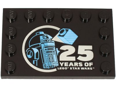 LEGO part Tile, Modified 4 x 6 with Studs on Edges with Bright Light Blue and Medium Blue R2-D2 Minifigure and Silver '25 YEARS OF LEGO STAR WARS' Pattern (6180pb195)