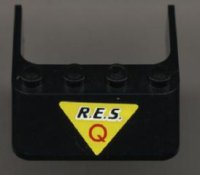 LEGO part Windscreen 4 x 4 x 1 with Black 'R.E.S.' and Red 'Q' on Yellow Triangle Pattern (Sticker) - Set 6451 6238pb01