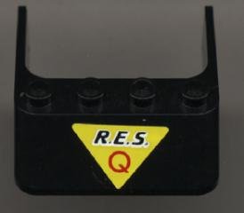 LEGO part Windscreen 4 x 4 x 1 with Black 'R.E.S.' and Red 'Q' on Yellow Triangle Pattern (Sticker) - Set 6451 (6238pb01)