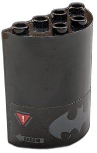 LEGO part Cylinder Half 2 x 4 x 4 with Dark Bluish Gray Batman Logo, Red Warning Triangles and 'ARROW' Pattern (Sticker) - Set 70923 6259pb050