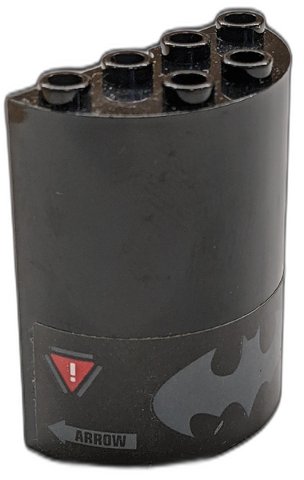LEGO part Cylinder Half 2 x 4 x 4 with Dark Bluish Gray Batman Logo, Red Warning Triangles and 'ARROW' Pattern (Sticker) - Set 70923 (6259pb050)