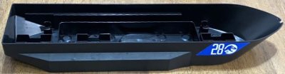 LEGO part Boat, Hull Unitary 51 x 12 x 6 with Side Bulges, Base with Silver '28' and Jurassic World Logo on Blue Background Pattern on Both Sides and Back (Stickers) - Set 76942 (62791pb02)
