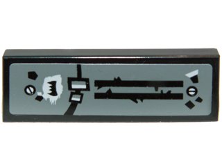 LEGO part Tile 1 x 3 with Black Lines and Shapes, White Screws and Black Fang Symbol Pattern (Sticker) - Set 70003 (63864pb019L)
