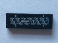 LEGO part Tile 1 x 3 with Warning Sign and Arrow on Blue and Silver Hexagons Pattern (Sticker) - Set 75915 63864pb040