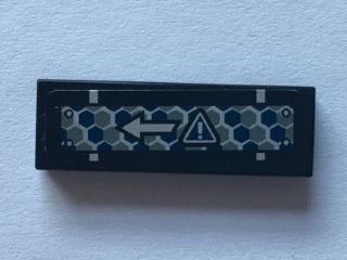 LEGO part Tile 1 x 3 with Warning Sign and Arrow on Blue and Silver Hexagons Pattern (Sticker) - Set 75915 (63864pb040)