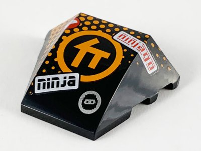 LEGO part Wedge 4 x 3 Triple Curved No Studs with Orange Ninjago C Symbol in Circle, Orange Dots, 'ninja' and 'ninjago' Pattern (64225pb035)