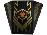 LEGO part Wedge 4 x 3 Triple Curved No Studs with Gold Armor Plates, Geometric Lines and Dark Red and Orange Emblem Pattern 64225pb068