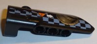 LEGO part Technic, Panel Fairing # 3 Small Smooth Long, Side A with Exhaust Port, White Arrow, Orange Caution Sign, Gray Checkered Pattern (Sticker) - Set 42002 64683pb033