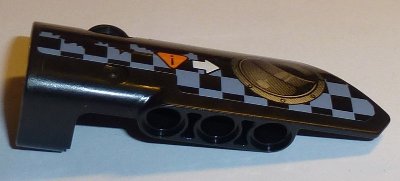 LEGO part Technic, Panel Fairing # 3 Small Smooth Long, Side A with Exhaust Port, White Arrow, Orange Caution Sign, Gray Checkered Pattern (Sticker) - Set 42002 (64683pb033)