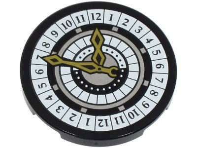 LEGO part Tile, Round 3 x 3 with White and Silver Clock Face with Numbers and Gold Hands Pattern (67095pb076)