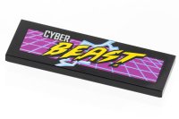 LEGO part Tile 2 x 6 with Silver and Yellow 'CYBER BEAST' on Purple Grid, Bright Light Blue Lightning Pattern 69729pb015