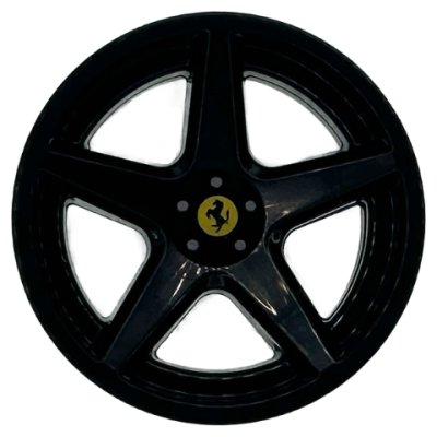 LEGO part Wheel 21mm D. x 11mm with 5 Spokes with Yellow Ferrari Logo and Silver Bolts Pattern (7834pb01)