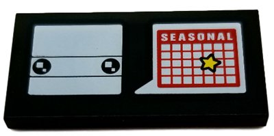 LEGO part Tile 2 x 4 with White BrickHeadz Head and Word Balloon with 'SEASONAL' and Yellow Star on Red Calendar Pattern (87079pb0470)