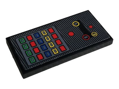LEGO part Tile 2 x 4 with Control Panel with Yellow Letter E and Blue, Green, Red and Yellow Buttons Pattern (Sticker) - Set 42096 (87079pb0743)