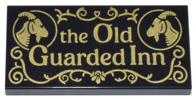 LEGO part Tile 2 x 4 with Gold 'the Old Guarded Inn' Goats and Filigree Pattern (87079pb1486)