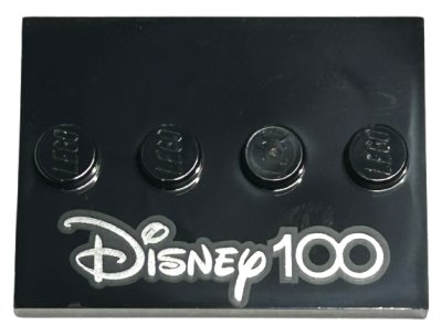 LEGO part Tile, Modified 3 x 4 with 4 Studs in Center with Silver 'Disney 100' Pattern (88646pb011)