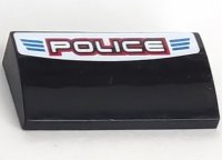 LEGO part Slope, Curved 2 x 4 x 2/3 with Bottom Tubes with 'POLICE' Red Outline and Blue Lines Pattern (Sticker) - Set 8301 88930pb011