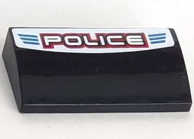 LEGO part Slope, Curved 2 x 4 x 2/3 with Bottom Tubes with 'POLICE' Red Outline and Blue Lines Pattern (Sticker) - Set 8301 (88930pb011)
