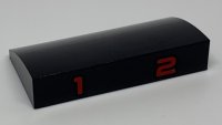 LEGO part Slope, Curved 2 x 4 x 2/3 with Bottom Tubes with Red Number 1 and 2 Pattern 88930pb123