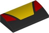 LEGO part Slope, Curved 2 x 4 x 2/3 with Bottom Tubes with Yellow Trapezoidal Panel in Center and Red Triangular Panels on Sides Pattern 88930pb184