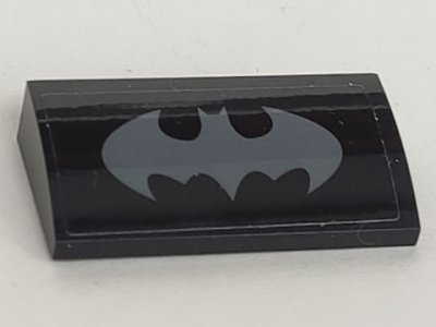 LEGO part Slope, Curved 2 x 4 x 2/3 with Bottom Tubes with Dark Bluish Gray Batman Logo Pattern (Sticker) - Set 70916 (88930pb189)