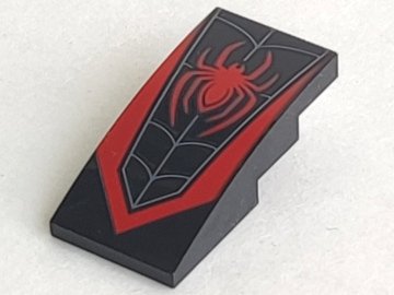 LEGO part Slope, Curved 4 x 2 with Red Spider and Dark Bluish Gray Web Pattern (93606pb172)