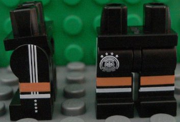 LEGO part Hips and Legs with DFB Logo with 4 Stars, Nougat and White Stripes, Lines on Sides Pattern (970c00pb0543)