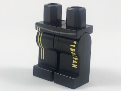 LEGO part Hips and Legs with Yellow Stripes and '#1 Batfan' Pattern (970c00pb0756)