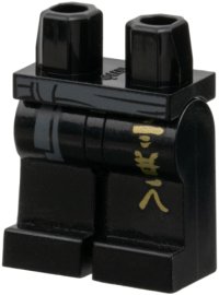 LEGO part Hips and Legs with Dark Bluish Gray Sash Tied on Right, Gold Ninjago Logogram 'TER' Pattern 970c00pb0904