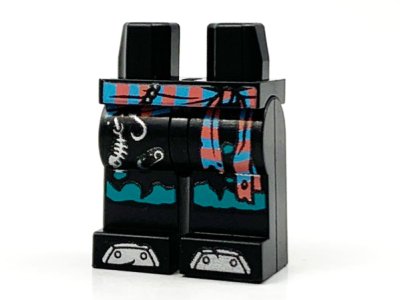 LEGO part Hips and Legs with Medium Azure and Coral Sash, Silver Hook, Fish Bones and Armor Plate Toes Pattern (970c00pb1191)