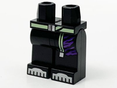 LEGO part Hips and Legs with Lime Belt, Long End, Dark Purple Stripes and Silver Armor Toes Pattern (970c00pb1192)