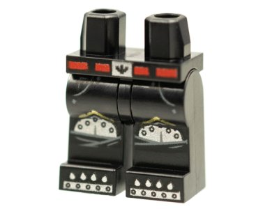 LEGO part Hips and Legs with Red Belt, Bat Buckle, Silver Knee Armor and Toes with Spikes Pattern (970c00pb1231)