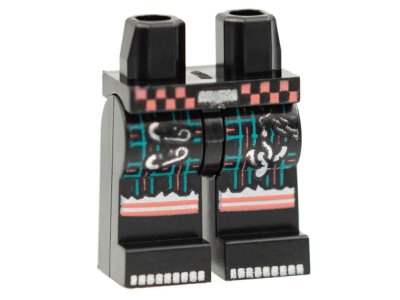 LEGO part Hips and Legs with Black and Coral Checkered Belt, Dark Turquoise Plaid, Pearl Dark Gray Chain and Pins, White and Coral Stripes Pattern (970c00pb1235)