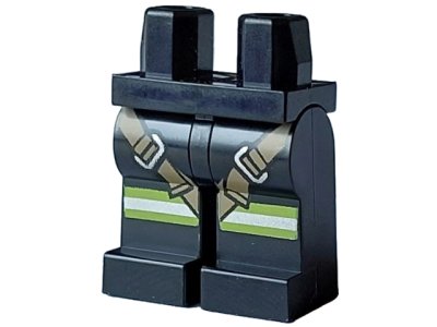 LEGO part Hips and Legs with Lime and Silver Reflective Stripes on Front and Dark Tan Harness Pattern (970c00pb1609)