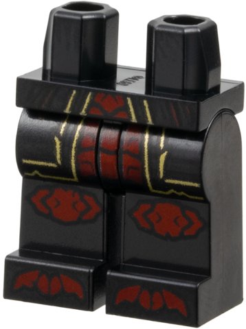 LEGO part Hips and Legs with Robe Ends with Gold Trim over Dark Red Exoskeleton Segments, Knee Pads, Toes Pattern (970c00pb1720)