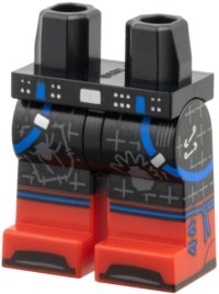 LEGO part Hips and Legs with Molded Red Lower Legs / Boots and Printed Blue Suspenders, Silver Buckles and Safety Pins, Dark Bluish Gray Webs, Spider, and Head with Mohawk Pattern 970c00pb1816
