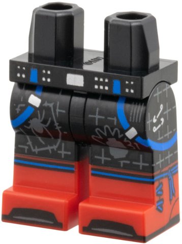 LEGO part Hips and Legs with Molded Red Lower Legs / Boots and Printed Blue Suspenders, Silver Buckles and Safety Pins, Dark Bluish Gray Webs, Spider, and Head with Mohawk Pattern (970c00pb1816)