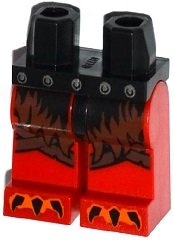 LEGO part Hips and Red Legs with Silver Belt Holes, Fur Shorts, Knee Straps and Orange and Black Claws Pattern (970c05pb15)