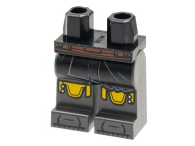 LEGO part Hips and Pearl Dark Gray Legs with Dark Orange Belt, Black Skirt, Yellow Knee Pads Pattern (970c77pb12)
