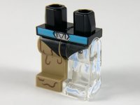 LEGO part Hips and 1 Trans-Clear Left Leg with Bright Light Blue Ice, 1 Dark Tan Right Leg with Reddish Brown Mud Lines, Medium Azure Belt, Black Leotard Pattern 970d48pb01