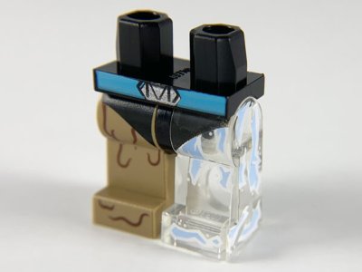 LEGO part Hips and 1 Trans-Clear Left Leg with Bright Light Blue Ice, 1 Dark Tan Right Leg with Reddish Brown Mud Lines, Medium Azure Belt, Black Leotard Pattern (970d48pb01)