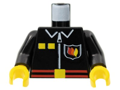 LEGO part Torso Fire Uniform Shirt with Flame Badge Logo, Yellow Squares, and White Zipper, Red Belt with Buckle Pattern / Black Arms / Yellow Hands (973pb0099c01)