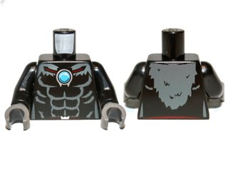 LEGO part Torso Bare Chest with Muscles, Dark Bluish Gray Fur and Dark Azure Round Jewel (Chi) Pattern / Black Arms / Dark Bluish Gray Hands (973pb1374c01)