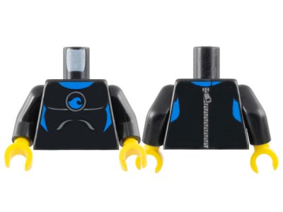 LEGO part Torso Wetsuit with Blue Sign and Lines and Dark Bluish Gray Stripes Front and Silver Zipper Back Pattern / Black Arms / Yellow Hands (973pb1435c01)