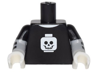 LEGO part Torso T-Shirt with White Minifigure Head Skull Pattern / Light Bluish Gray Arms with Black Short Sleeves and Stripes Pattern / White Hands (973pb2391c01)