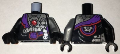 LEGO part Torso Ninjago Robe with Purple Sash with Knot, Mechanical Parts and Silver Saw Blade Pattern / Flat Silver Arm Left / Black Arm Right / Black Hands (973pb2535c01)