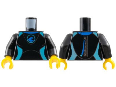 LEGO part Torso Female Wetsuit with Medium Azure Panels, Blue Collar and Wave Logo, Silver Zipper with Pull Cord on Back Pattern / Black Arms / Yellow Hands (973pb2627c01)